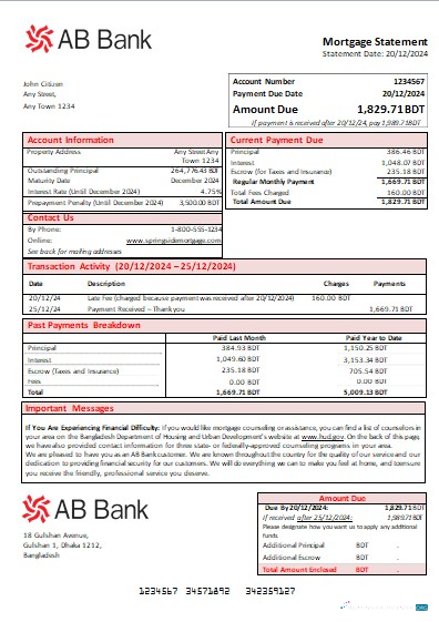 Download Bangladesh AB bank mortgage statement scr Photoshop template